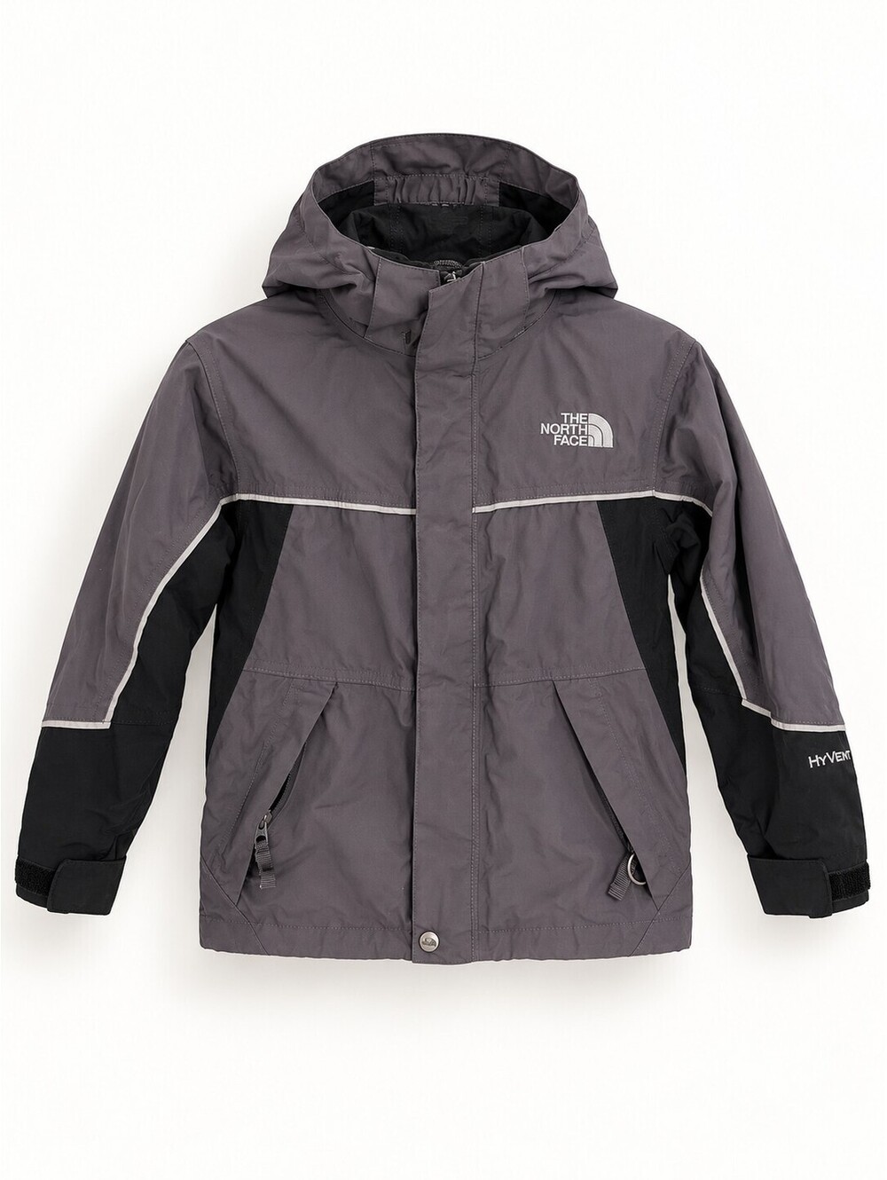 The North Face HyVent Rain Jacket Boys S 7/8 Gray Black Hooded
